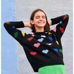 Colorful Heart Patterned Black Sweater